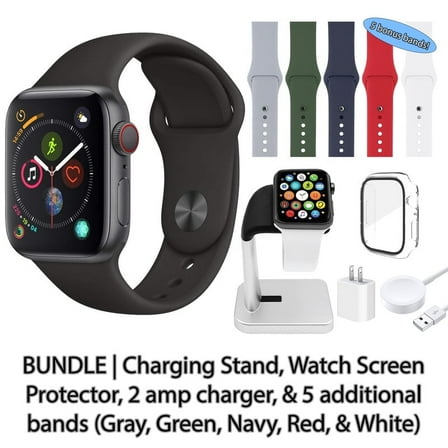 Restored Apple Watch Series 4 (GPS + Cellular, 40 mm) Space Gray Aluminum Case with Black Sport Band Bundle 5 Bonus Bands, Charging Stand, Screen Protector, & 2 amp charger (Refurbished)