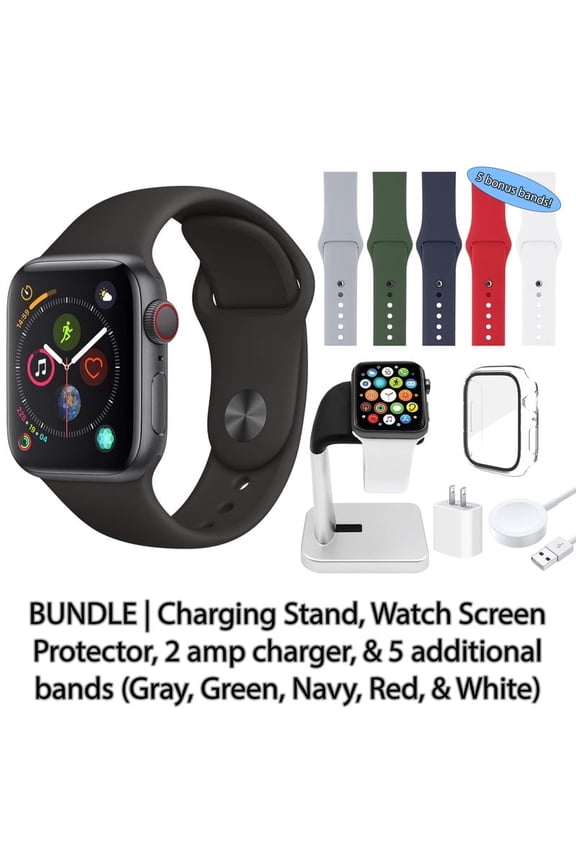 Restored Apple Watch Series 4 (GPS + Cellular, 40 mm) Space Gray Aluminum Case with Black Sport Band Bundle 5 Bonus Bands, Charging Stand, Screen Protector, & 2 amp charger (Refurbished)