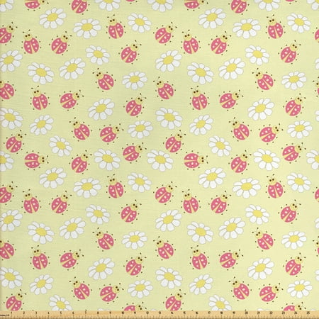 Ladybug Fabric by The Yard, Bugs and Flourishing Daisies Pattern Pastel Colored Illustration, Decorative Fabric for Upholstery and Home Accents, by Ambesonne