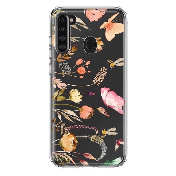 MUNDAZE Samsung Galaxy A21 Shockproof Clear Hybrid Protective Phone Case Peach Meadow Wildflowers Butterflies Bees Floral Cover