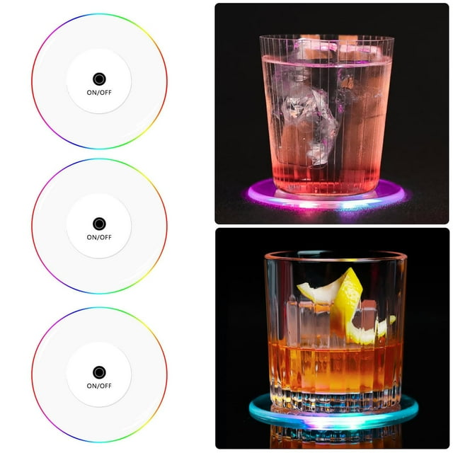 BAOPAI 6-Pack LED Illuminated Coaster Set with Multicolor Rotating Light Modes for Cocktail and Wine Glasses Good for Parties Home Decor and Holiday Gifts