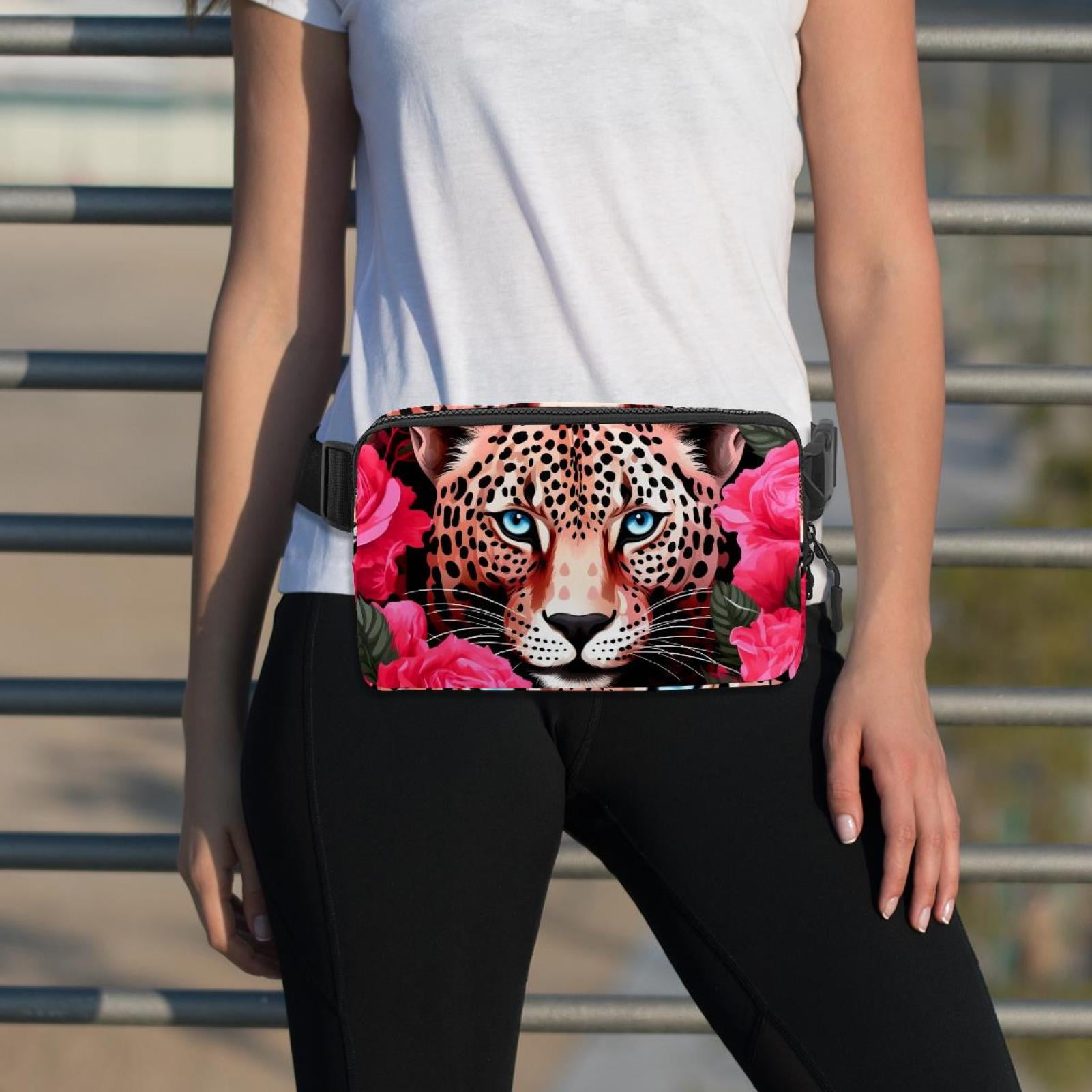 Rose Leopard Running Belt Fanny Pack Belt Bag with Extension Strap Lightweight Adjustable Unisex