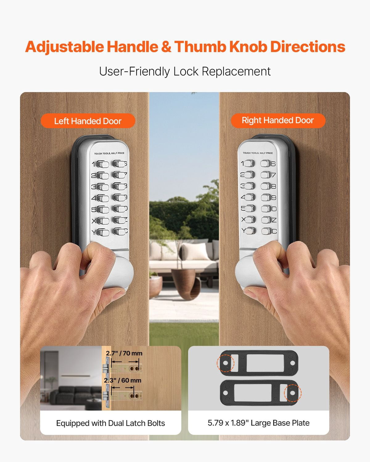 Mechanical Combination Door Lock, Keyless Entry with Adjustable Handles, Surface Mount 1.4-2.5 Inch Door Compatibility, Zinc Alloy, No Batteries for Gate Garden Garage