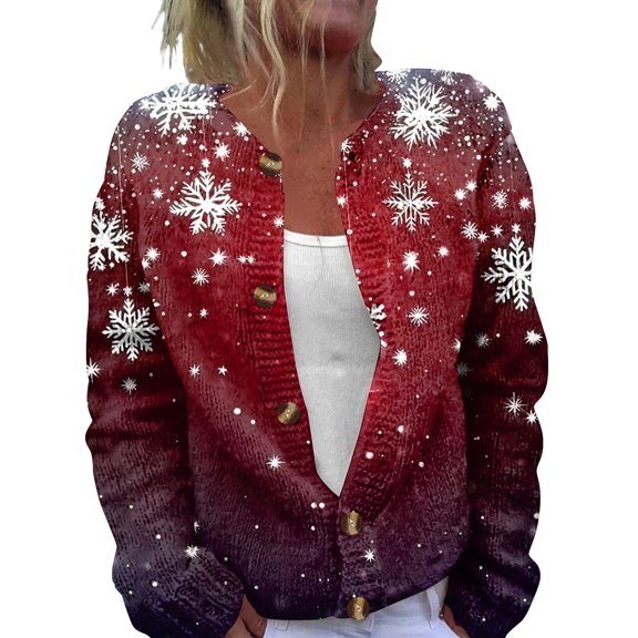 Women's Fashion Christmas Printed Long Sleeve Knitted Cardigan Button Down Jacket for Holiday Casual Wear and Women's Outerwear with Festive Design,Wine,2XL