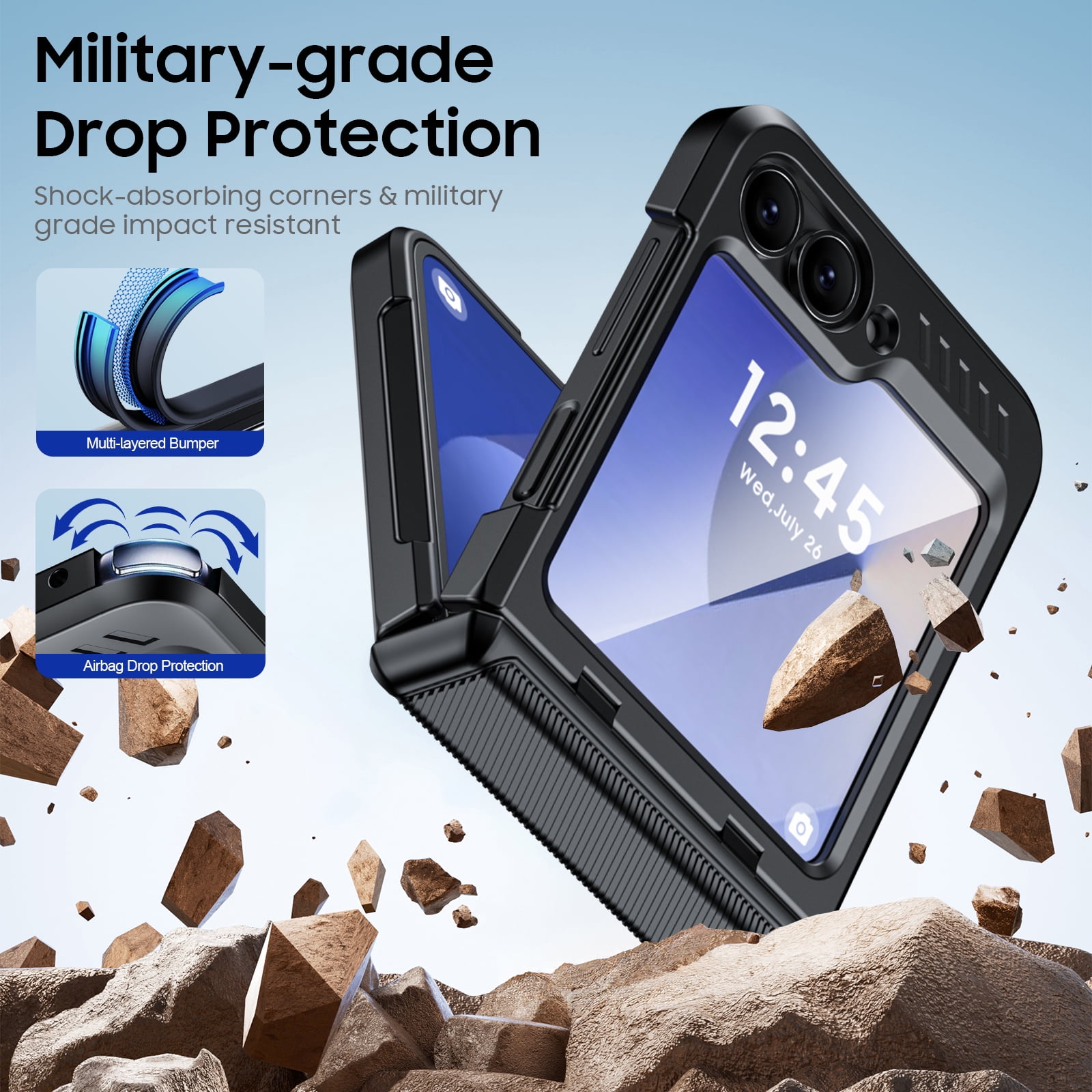 Vizvera for Samsung Galaxy Z Flip 6/Z Flip 7 FE Case with Hinge Cover,Built-in Screen Protector Shockproof All-Inclusive Smartphone Cover Wireless Charging-Black