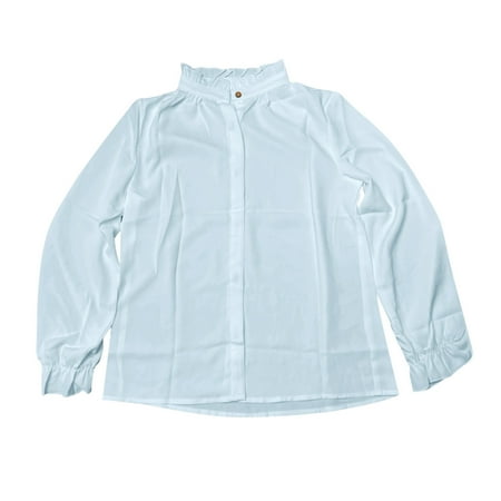 LYHaoo Girls Casual Blouse Long Sleeve Ruffle Trim Plain Shirt Loose Fit Spring Summer Top For Kids Age 5 14 With Stand Collar Girls Tees Sizes 9-10 Years Blue