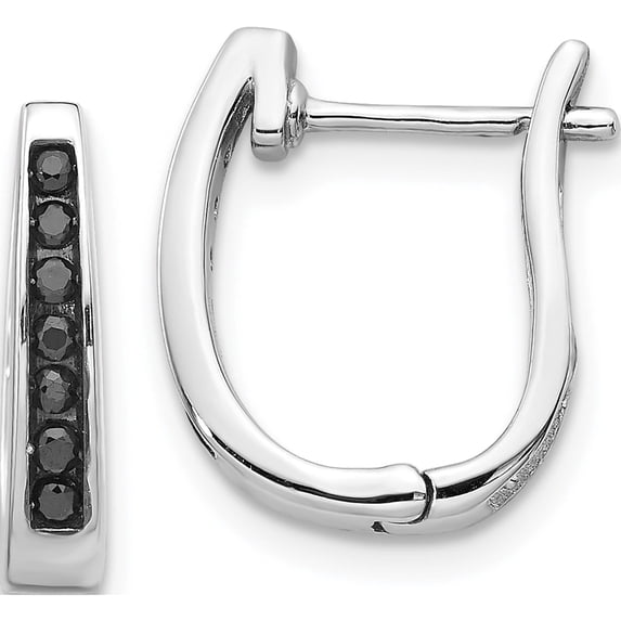 14K White Gold Black Diamond 3mm Hinged Hoop Earrings (14 X 12) Made In India em5415-bk-016-wa