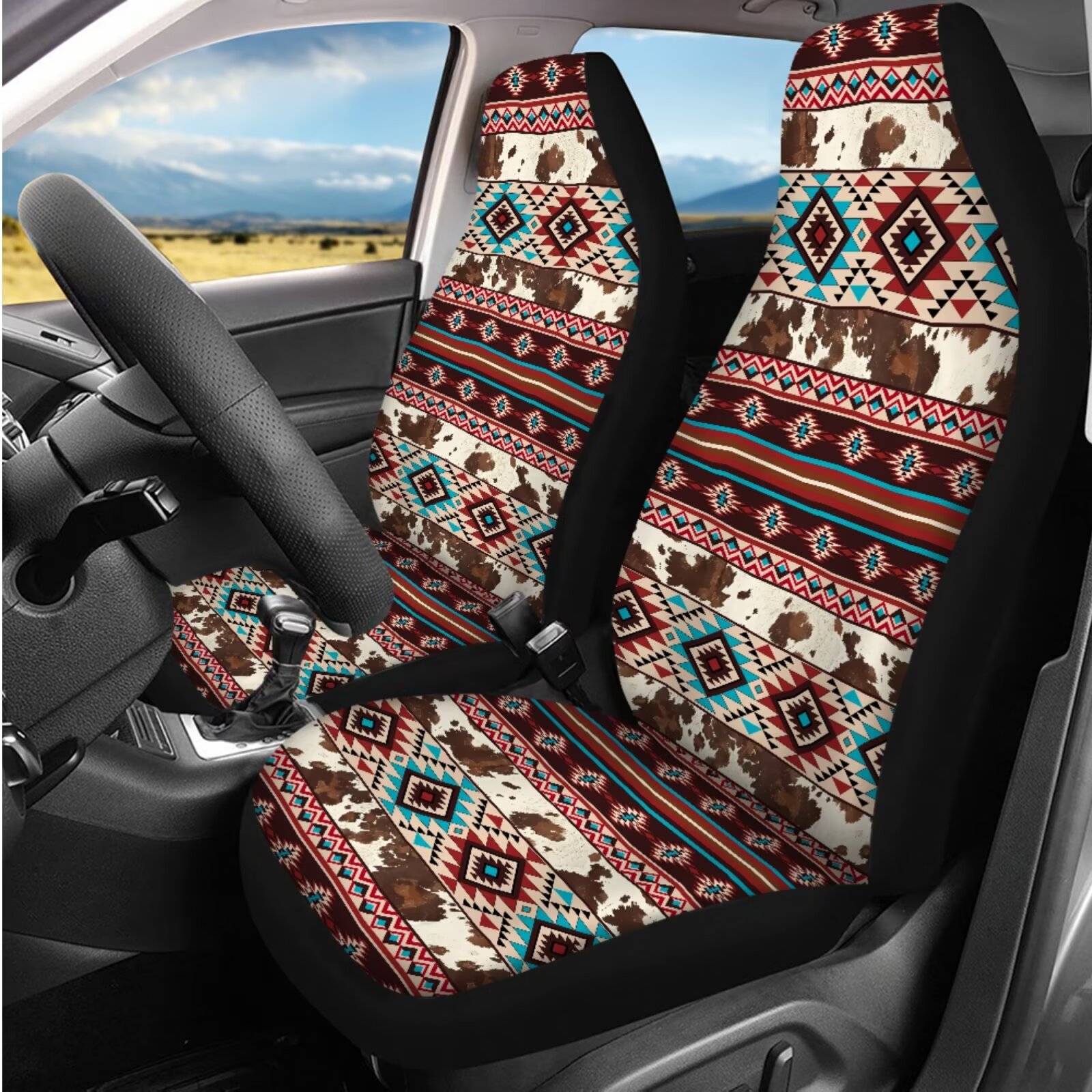 Yuyamidu 14 PCS Aztec Car Seat Cover Full Set Cow Print Steering Wheel Cover Seat Belt Pad Cover Coasters Armrest Cover Keychain Car Headrest Covers Decor Accessories