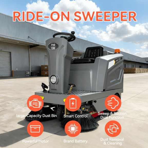 50.4" Ride-on Industrial Sweeper, Floor Cleaning Machine 92,600 sq ft/h Efficiency, 26.4 Gal Hopper Brushless Motor for Warehouse Factory Parking Lot