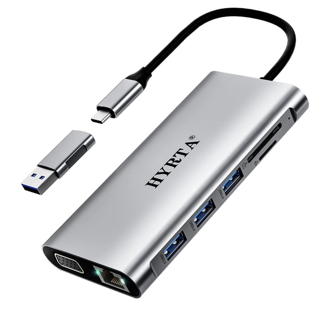 Estación de acoplamiento USB C HYRTA 12 en 1 con doble monitor HDMI VGA