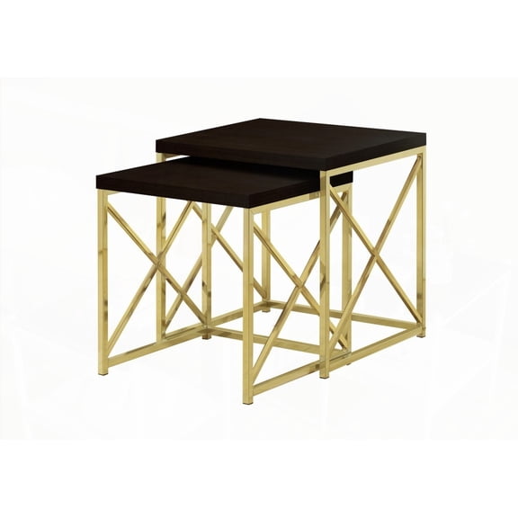 Nesting Table Set Of 2: Metal, Brown Laminate, Gold Metal, Living Room & Bedroom Accent