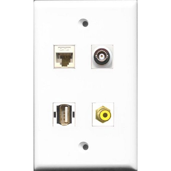RiteAV 1 Port RCA Yellow and 1 Port USB A-A and 1 Port BNC and 1 Port Cat6 Ethernet White Wall Plate