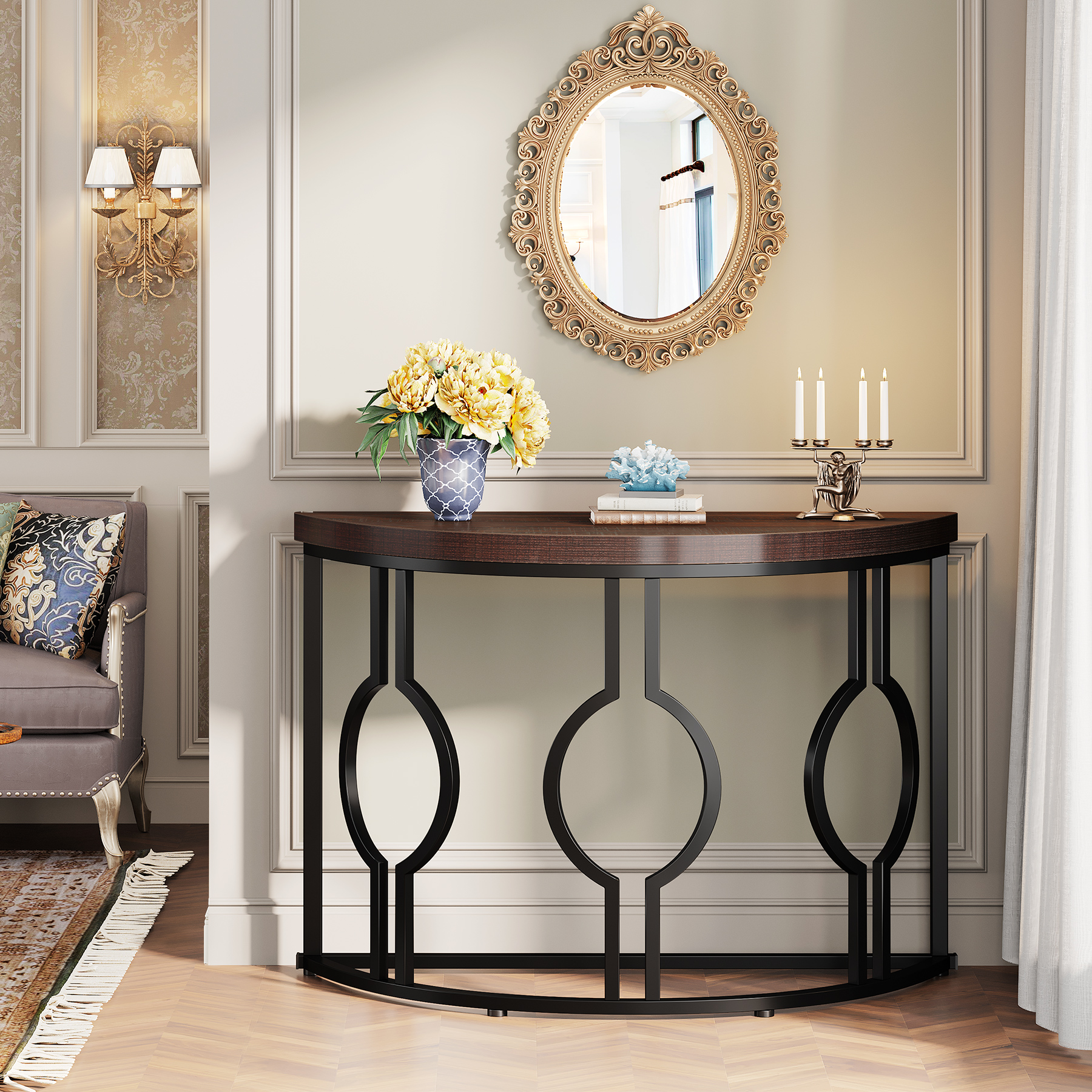 Fnova 43" Industrial Entryway Console Table, Half Moon Semi-Circle Sofa Table with Geometric Metal Base, Wood Accent Table for Living Room, Hallway, Foyer, Entrance, Easy Assembly
