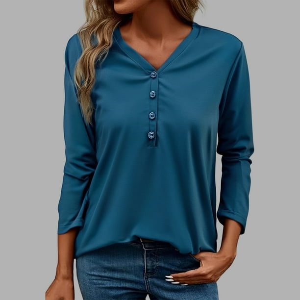 MHFRRA Camiseta de Manga Larga con Cuello En V para Mujer, Blusa Informal de Vacaciones con Botones, Blusa Básica de Color Puro para Primavera y Otoño Azul
