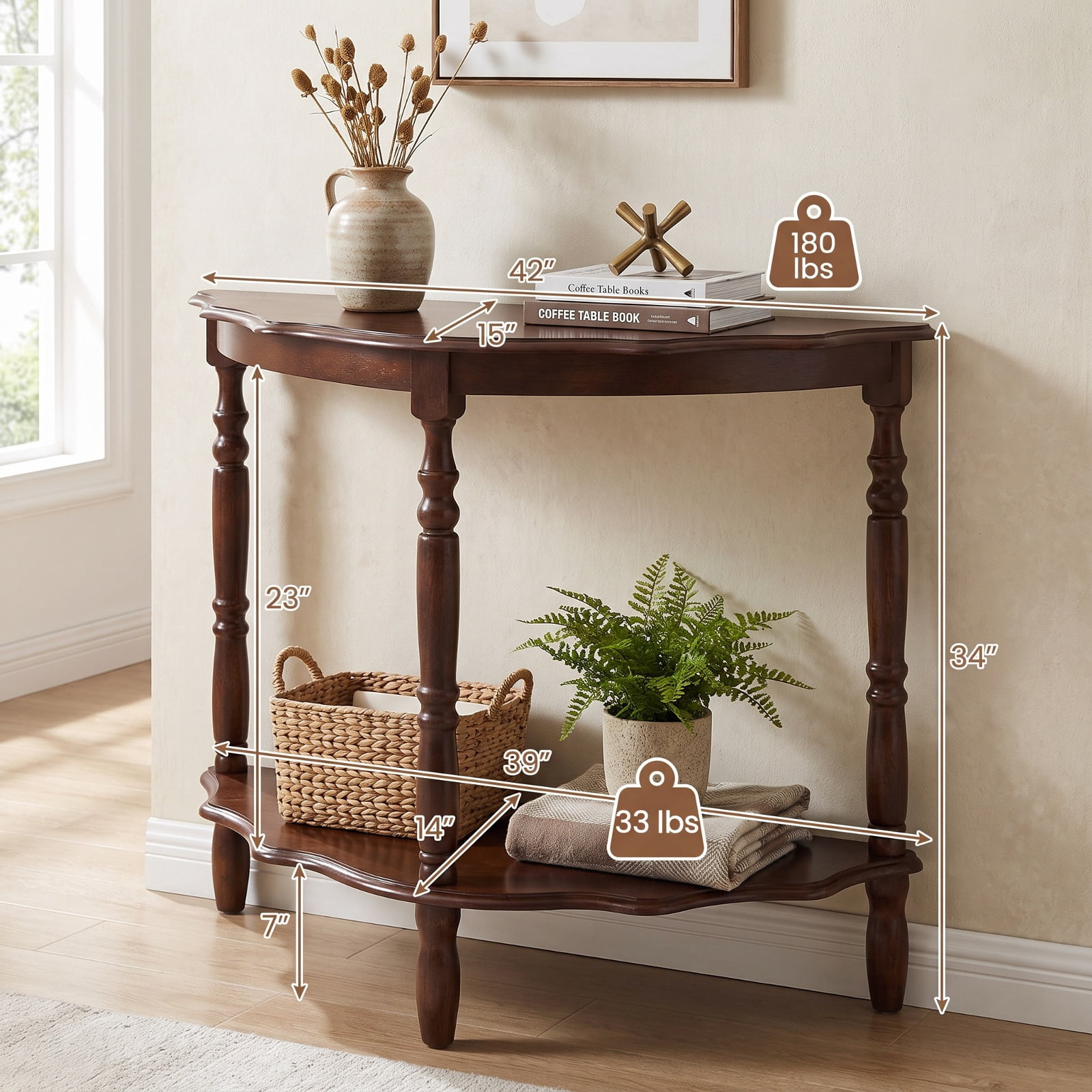 Furnibear 42 Inch Half Moon Console Table with Open Shelf and Solid Rubber Wood Legs for Entryway Hallway and Living Room, Espresso