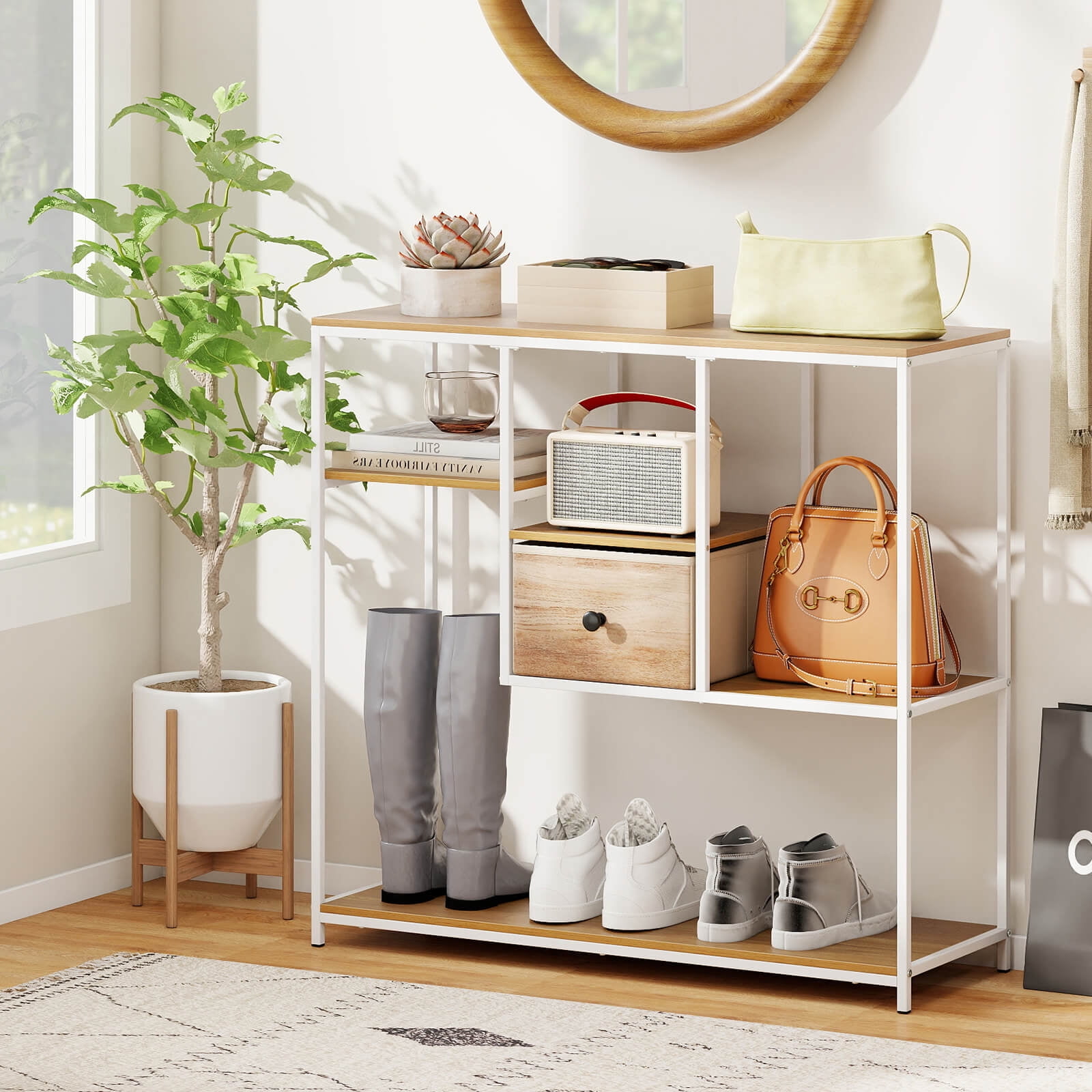 Costway 40” Console Table with Storage Drawer 4-Tier Display Shelf for Living Room Hallway Natural and White
