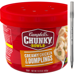 Campbell's Creamy Chicken and Dumplings Soup with pen