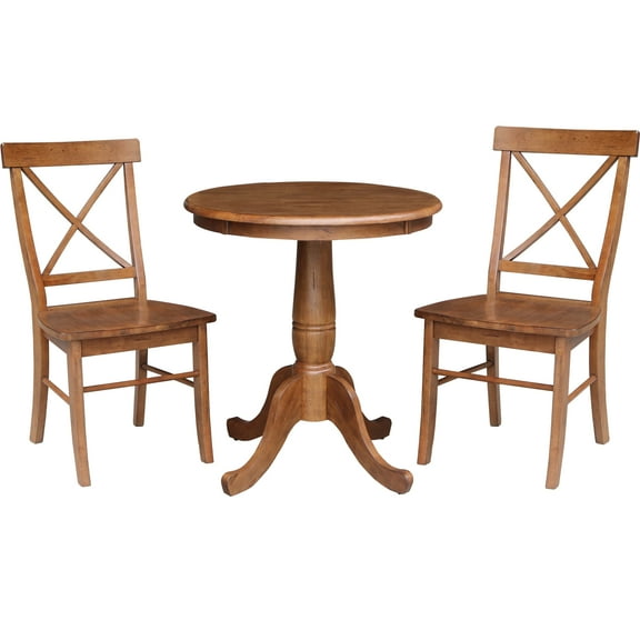 30'' Round Solid Wood Pedestal Dining Table with 2 Cross Back Dining Chairs in Distressed Oak