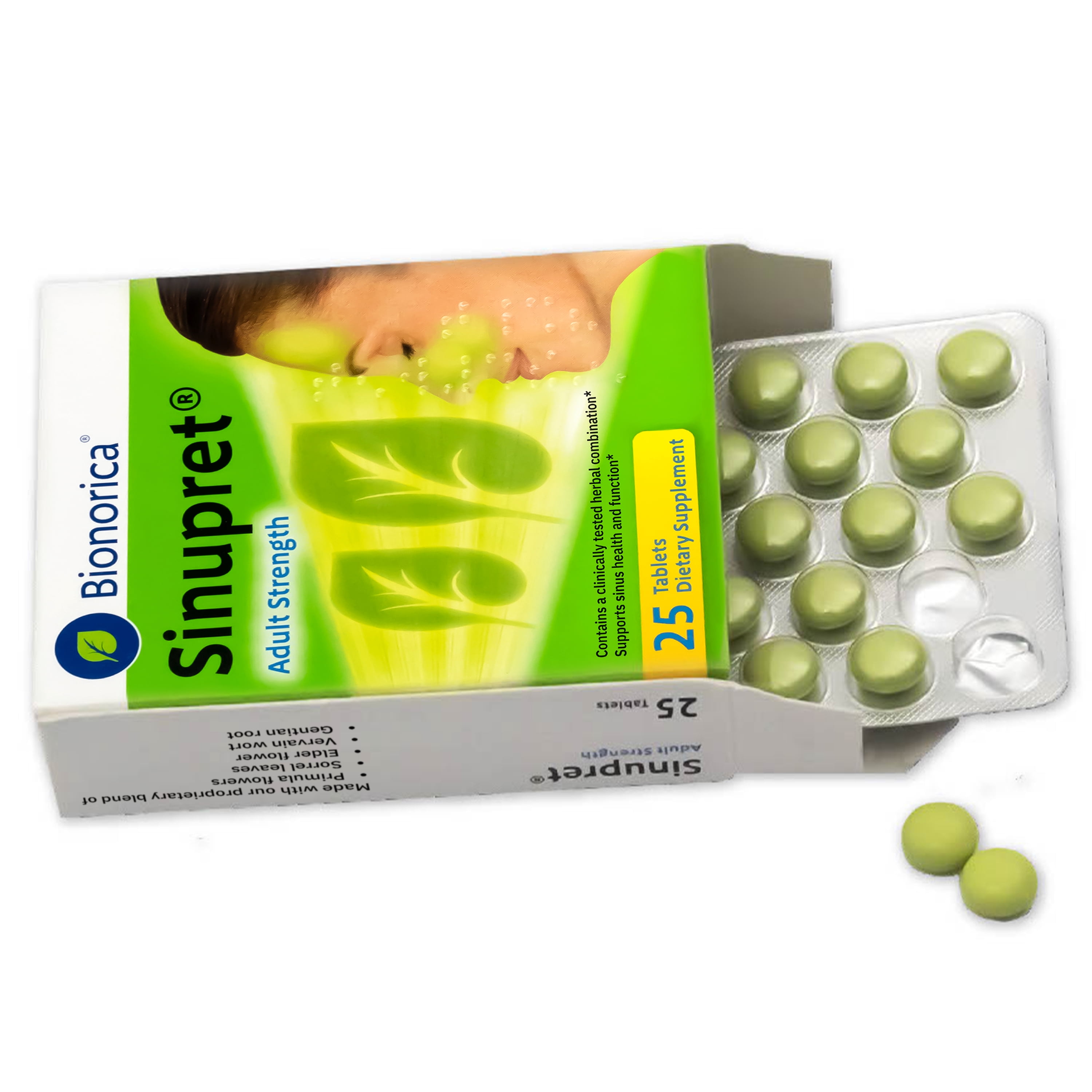 Bionorica Sinupret Adult Strength Sinus + Immune Support All Natural, Fast Acting Herbal Nasal Passage & Immunity Boost Supplement with Verbena & Elder Flower - 25 Tablets