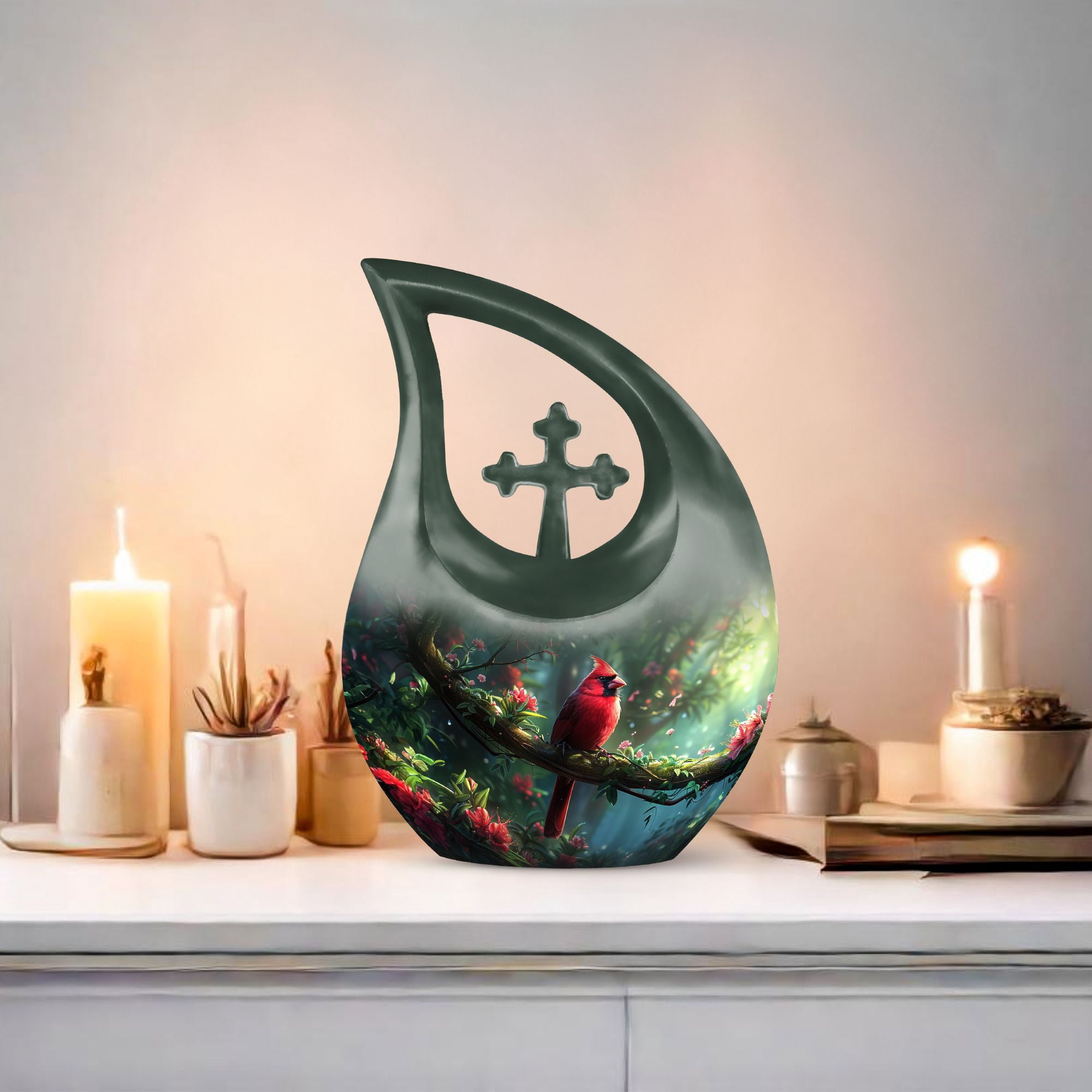 MUKTIVE Red Cardinal Bird in Jungle Combo Sets Memorial Urns for Human Ashes Adult Female, Cremation Urn for Adult Man & Women Ashes, Funeral Burial, (1 Large 10 ", 4 Keepsake 3 ")