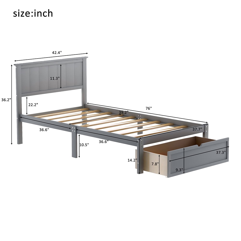 Veryke Wooden Twin Platform Bed Frame with Headboard and Under-bed Drawer, Gray