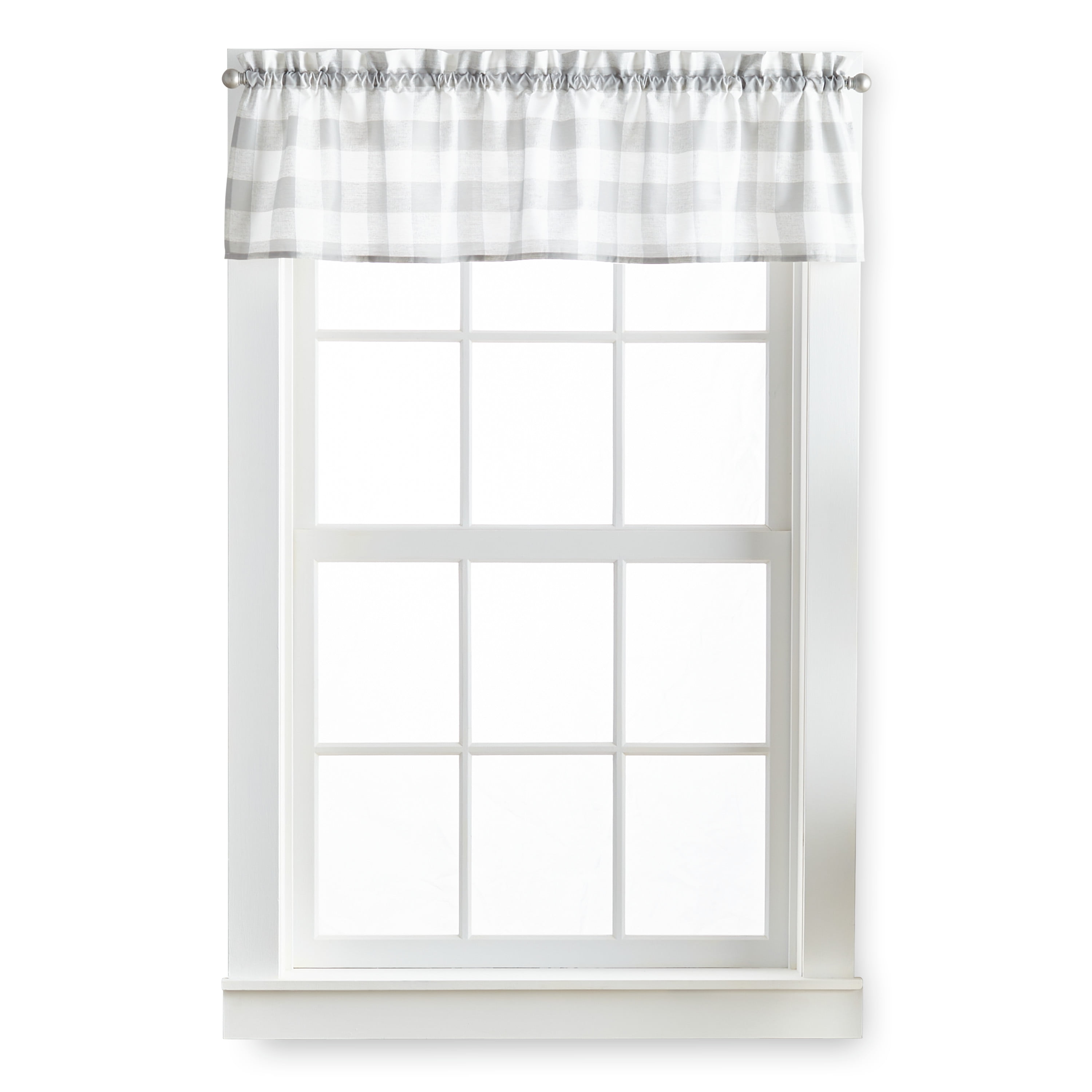 Curtainworks Buffalo Check Valance and Tier Set of 3, Indoor Light Filtering, Polyester, Rod Pocket , Grey , 56"W x 36"L, Adult