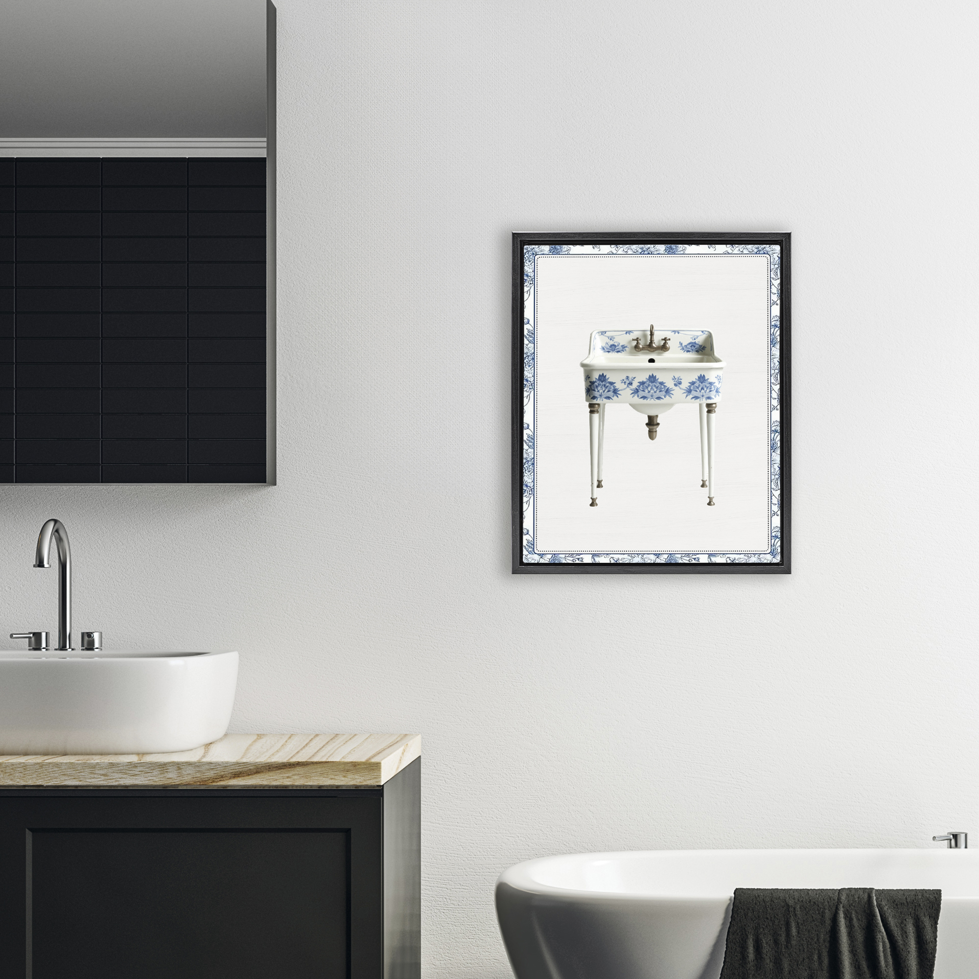 Vintage Chinoiserie Sink Black Framed Floater Canvas Wall Art, design by Lettered and Lined