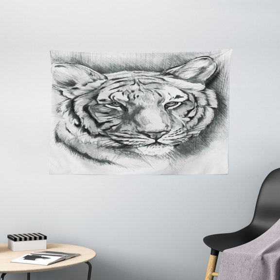 Sketchy Decor Tapestry, Hand Drawn Image of a African Siberian Lion Head Art Print, Wall Hanging for Bedroom Living Room Dorm Decor, 60W X 40L Inches, Light Grey Black and White, by Ambesonne