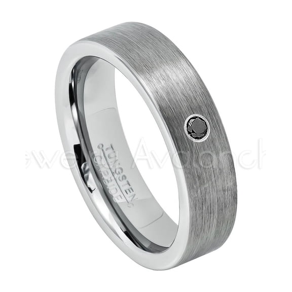 6mm Pipe Cut Tungsten Ring - 0.07ct Solitaire Black Diamond Ring - Personalized Tungsten Wedding Ring - Custom Made April Birthstone Ring TN019BS