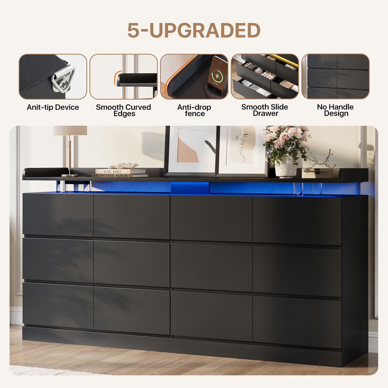 BaPiPro 63-Inch Black 12 Drawer Dresser, Modern High Gloss Chest with LED Light & Glass Tabletop, Large Capacity Storage Cabinet for Bedroom or Living Room