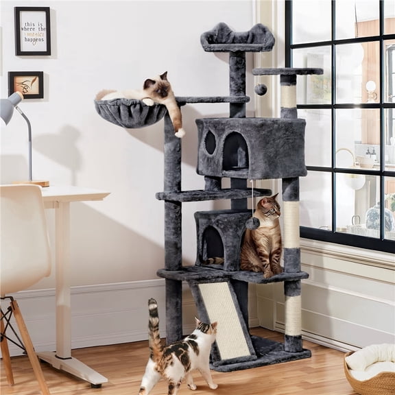 Yaheetech 57.4''H Cat Tree Tower Cat House with 2 Condos, Scratching Posts, Ramp, Dark Gray