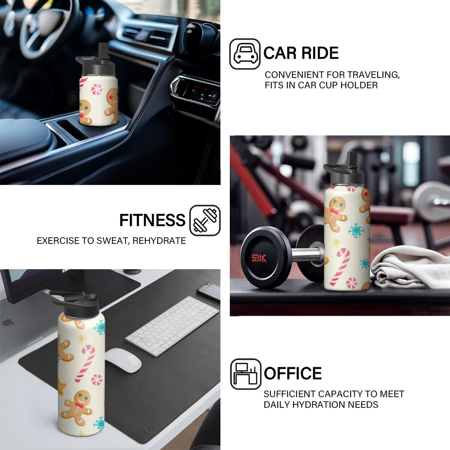 Christmas 18 oz Insulated Stainless Steel Water Bottle with Straw & Cleaning Brush , Leakproof, BPA-Free, 304 Stainless Steel, Wide Mouth, Travel Mug for Car, Gym, Office