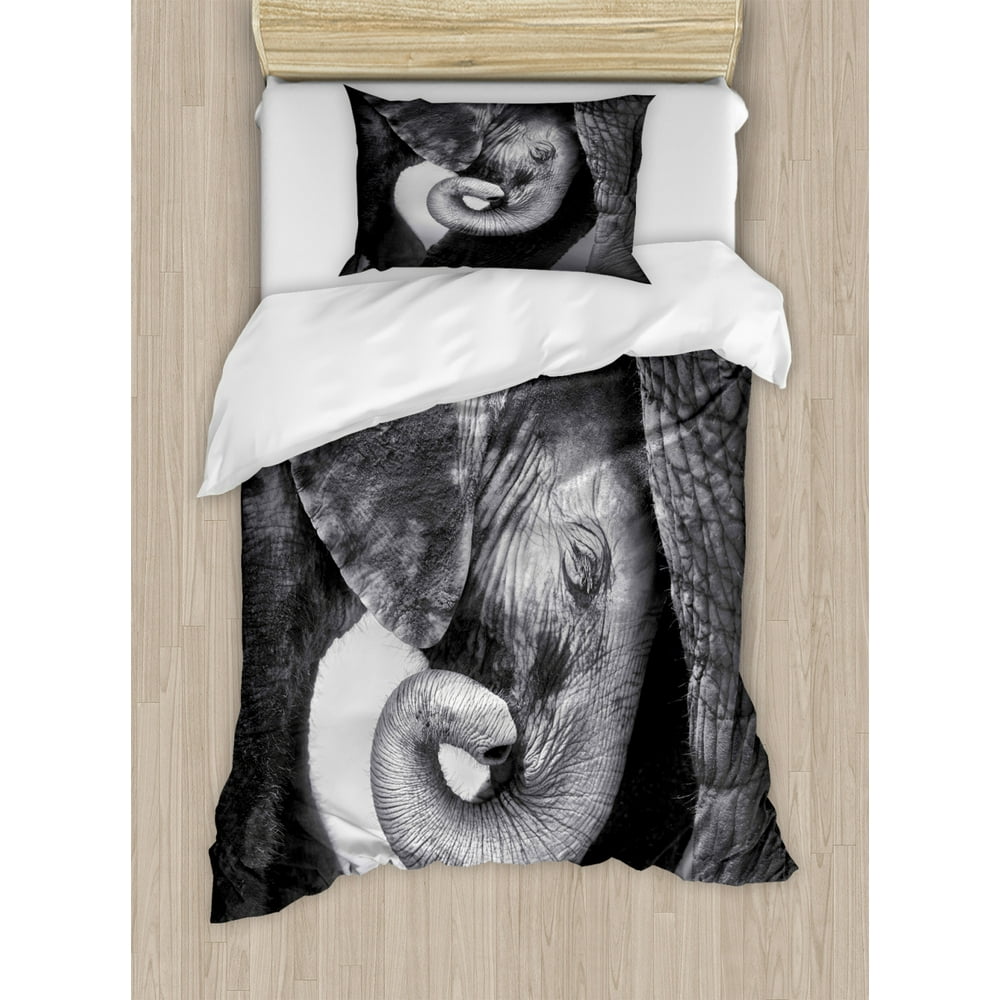 Elephant Duvet Cover Set Twin Size, Baby Elephant Seeking Comfort