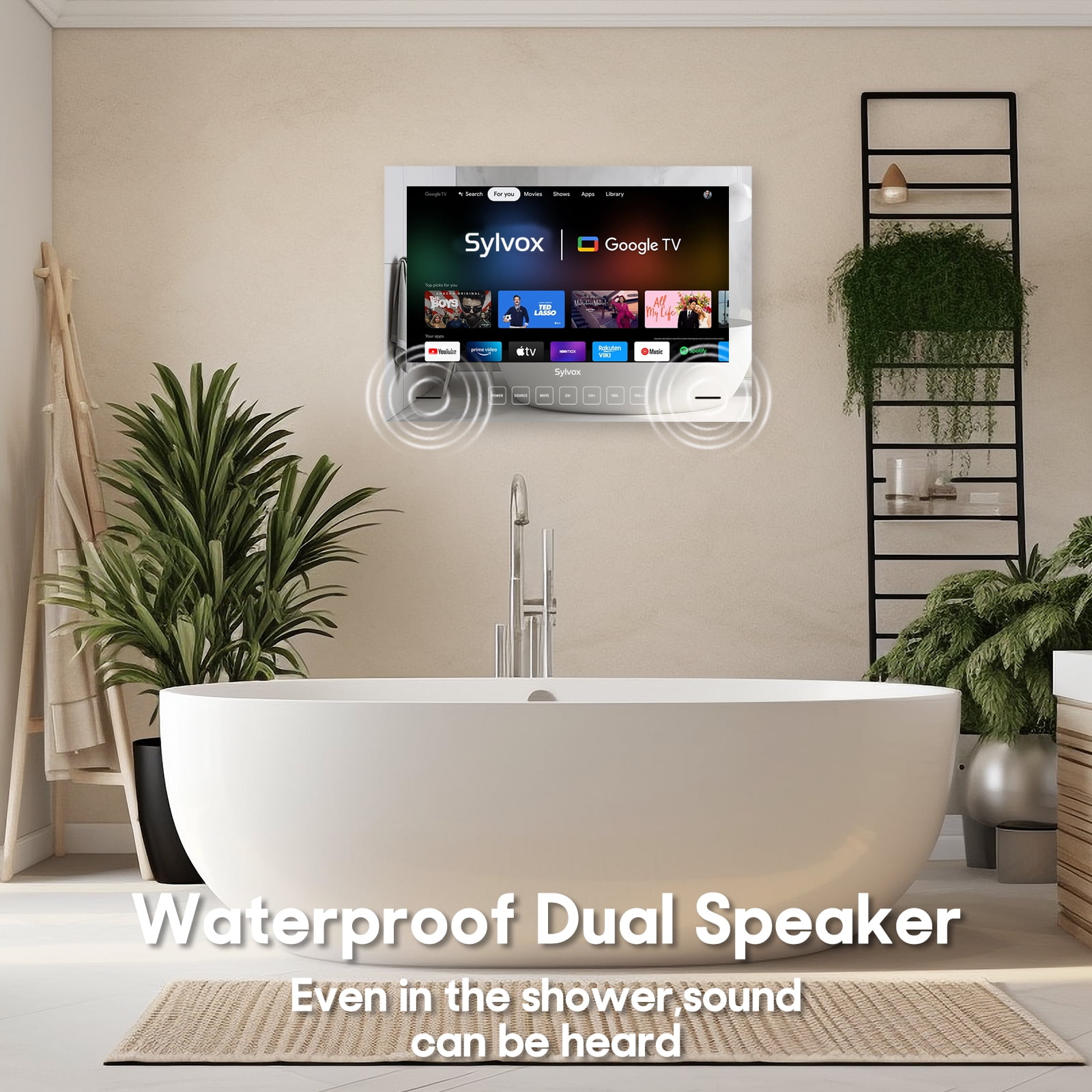 Sylvox 24" Bathroom TV, Smart Mirror Television with Google TV OS, 1080P HDR10 500nits, NTSC,ATSC,IP66 Weatherproof for Bathtub Shower, Embedded