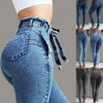 thumbnail image 4 of Aellinatey Women Fringe Tassels High Waist Stretch Skinny Jeans Slim Bodycon Pencil Pants Lace-Up Bandage Belt Push Up Denim Long Trousers, 4 of 11