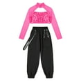 thumbnail image 3 of YONGHS Girls Dancewear Outfits Mesh Spliced Long Sleeve Sequin Crop Top with Jogger Pants Set Hot Pink 10, 3 of 7