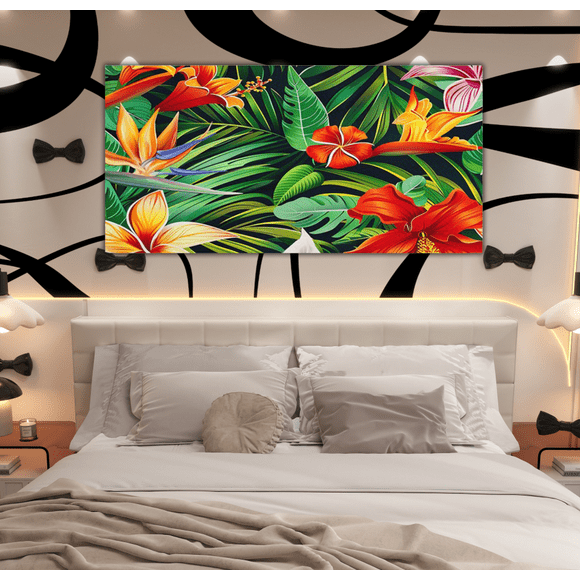 Erosebridal Tropical Flower Paintings Wall Decor Bedroom, Botanical Floral Poster Prints 38x19, Palm Tree Leaf Wall Decorations for Living Room 38x19, Luxury Bedroom Decoration