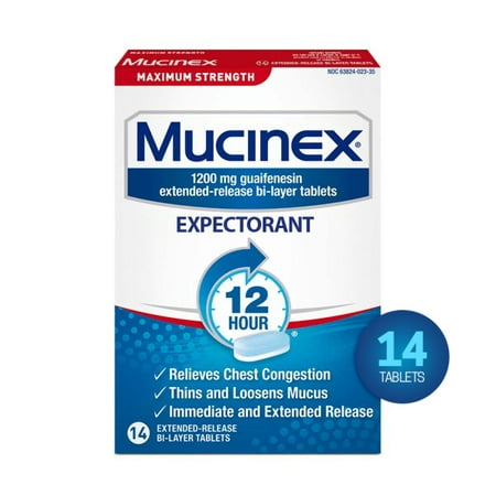 Mucinex Maximum Strength 12 Hour Chest Congestion Expectorant Relief Tablets, 1200 mg, 14 Count, Thins & Loosens (Best Medicine For Cold And Chest Congestion)