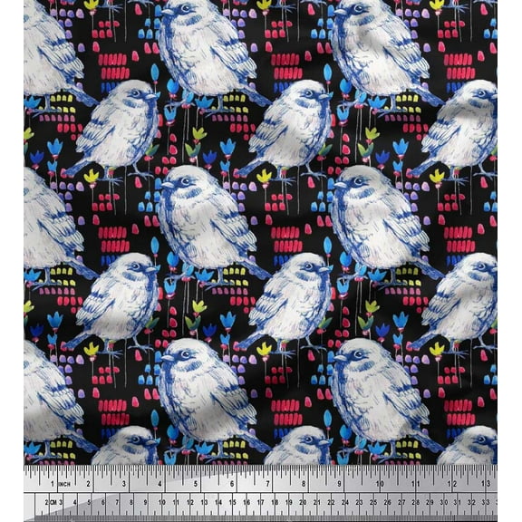 Soimoi Black Cotton Duck Fabric Brush Stroke,Floral & American Robin Bird Print Sewing Fabric BTY 42 Inch Wide