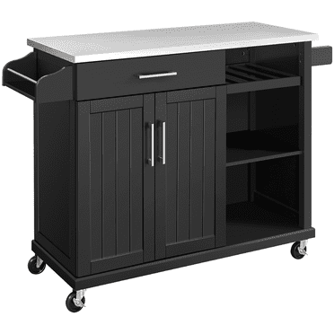 Alden Design Kitchen Island Cart with Stainless Steel Top & Storage on Wheels, Black