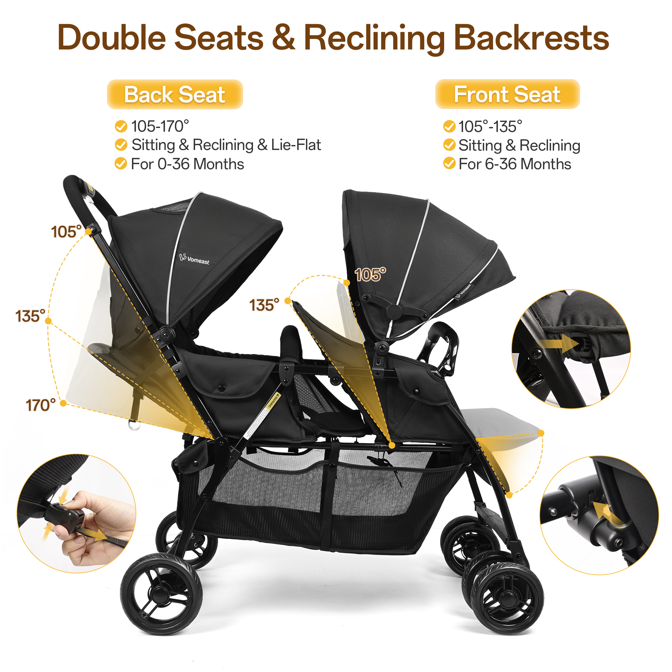 Vomeast Double Stroller for Twins Lightweight Black photo 5