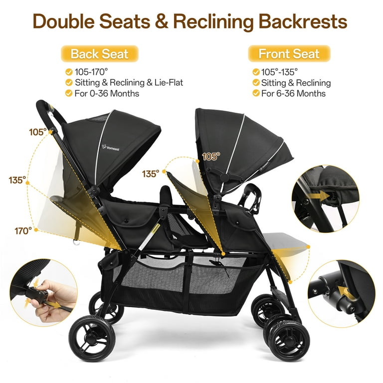 Double Stroller with Twin Seats, 5-Point Harness, Adjustable Canopies Vomeast Color: Black