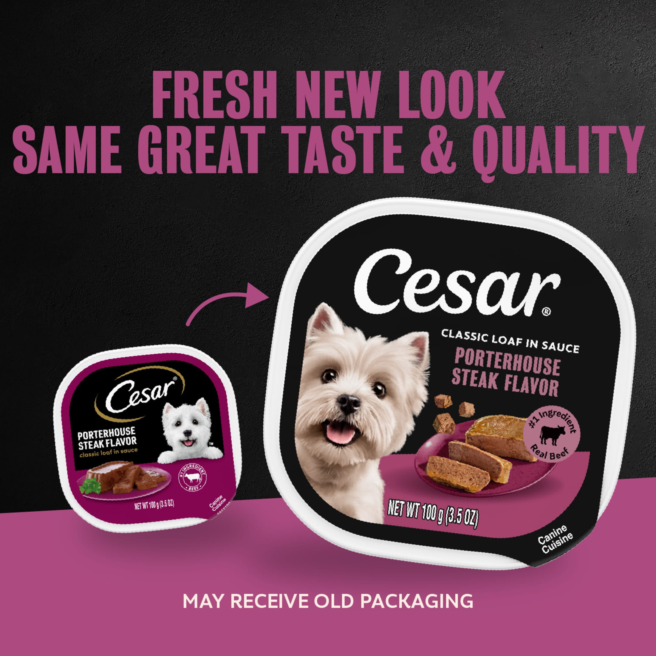 (24 pack) Cesar Classic Loaf in Sauce Wet Dog Food Porterhouse Steak Flavor, 3.5 oz. Easy Peel Tray, 24 Count