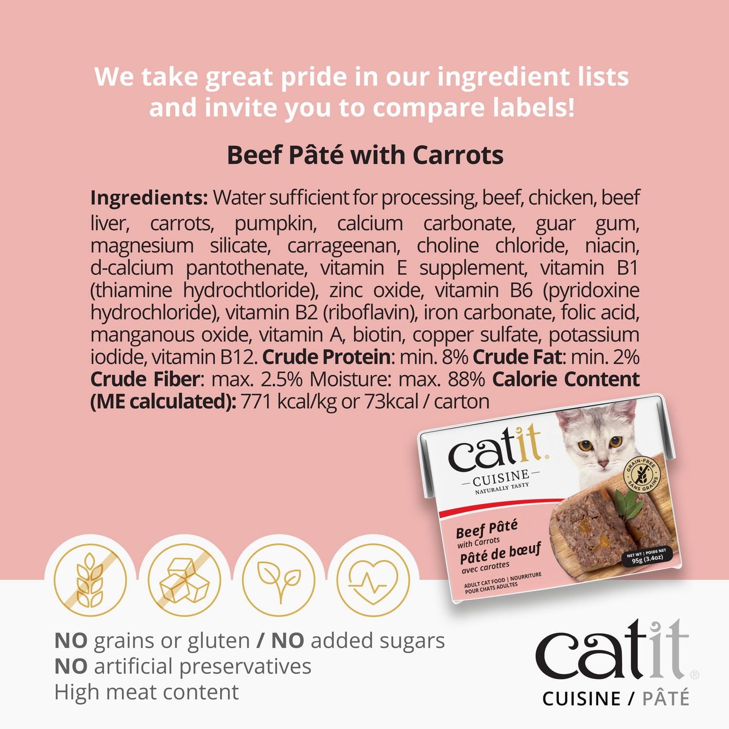Catit Cuisine Beef Pâté with Carrots, Wet Cat Food, 95 g