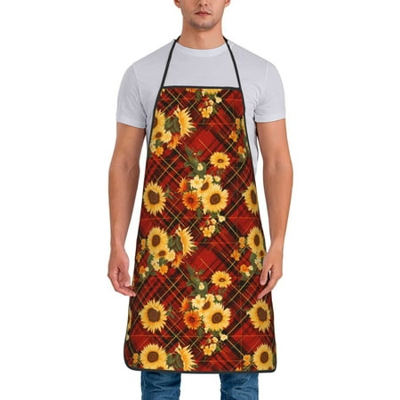 

Gaeub Red Plaid Sunflower Print Apron for Men and Women Waterproof Apron for Cooking Dishwashing Lab Butcher Dog Grooming