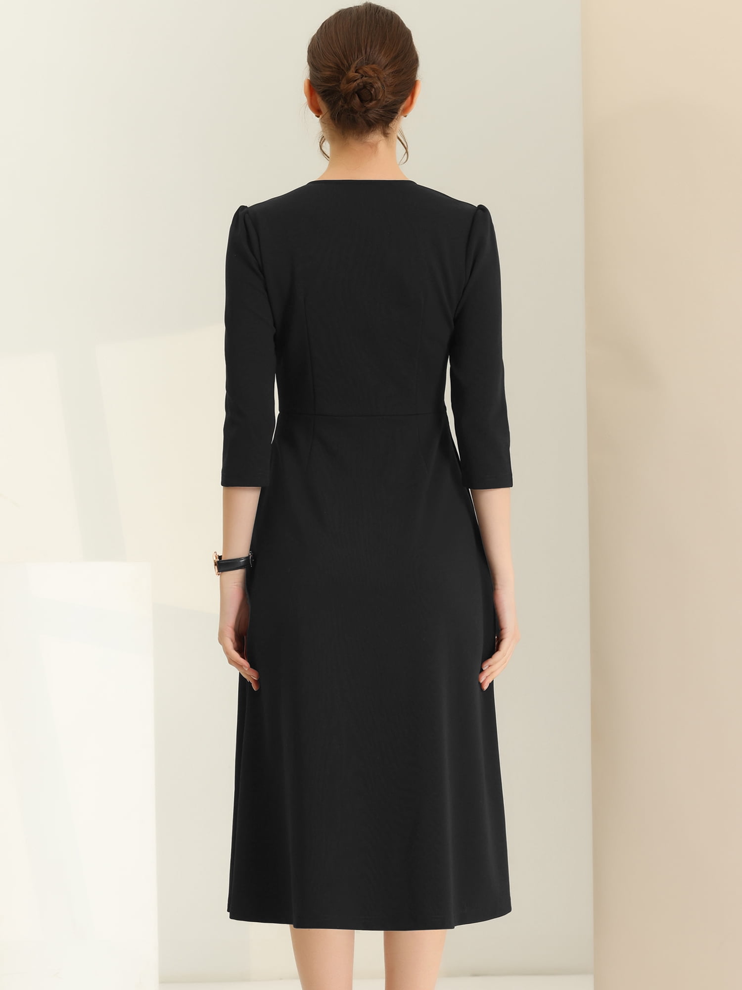 DARING DIVA Work Office Elegant 3/4 Sleeve V Neck A-Line Dress S Black