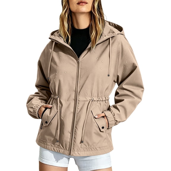 TEAJOPSUU Women's Outdoor Jackets Hiking Waterproof Windproof Outerwear Hooded Full Zip Up Drawstring Waist Trench Jackets with Flap Pockets Khaki
