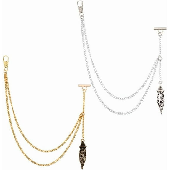 2 Colors Pocket Watch Chain with Vintage Hollow Pendant Metal Vest Chain for Men Curb Link with T Bar and Lobster Clasps for Pocket Watch Birthday Gift