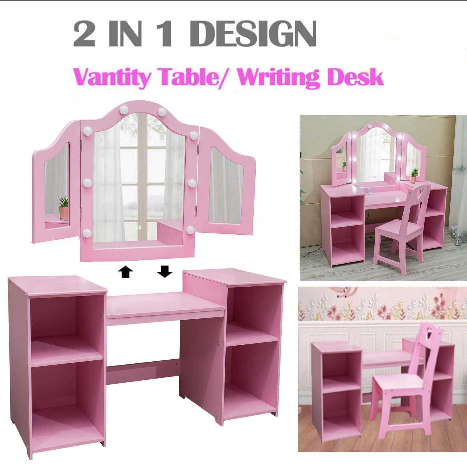 TROPOW Vanity Desk,Makeup Vanity,with Mirror and Lights,2-in-1 Kids Vanity Set with Mirror Wooden Toddler Vanity Set,Top Princess Pretend Play Beauty Makeup Vanity Table and Chair Set for Girls