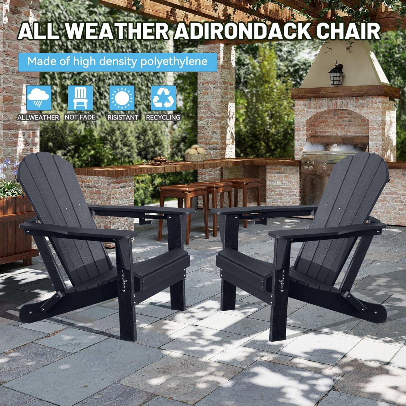 Folding Adirondack Chairs Set of 2, All-Weather HDPE Lawn Chairs with Cup Holder, Comfortable Outdoor Patio Chairs for Deck, Porch, Backyard, Garden, Black